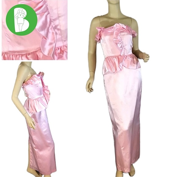 VINTAGE 1970'S ROBERTA CALIFORNIA STRAPLESS PINK RUFFLE FORMAL DRESS (XS) - Picture 1 of 15